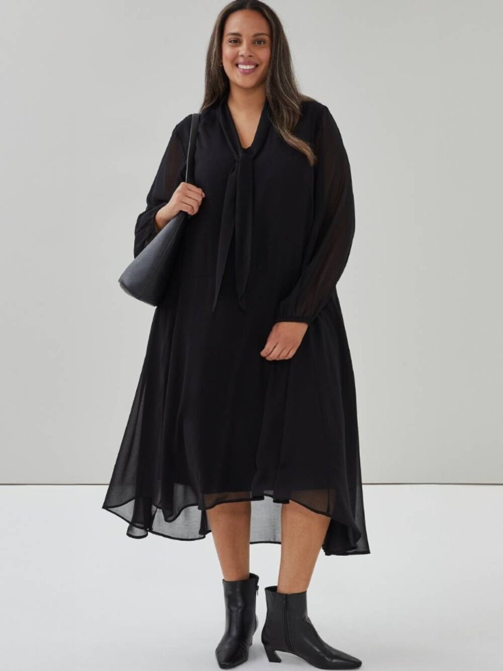 Joe Fresh Flowy Chiffon Maxi Long Sleeves Dress Necktie Tie in Black